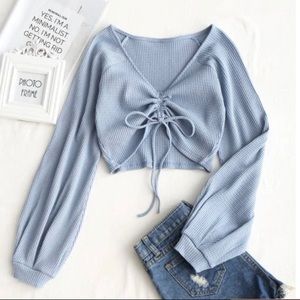 Balloon sleeve cropped drawstring top